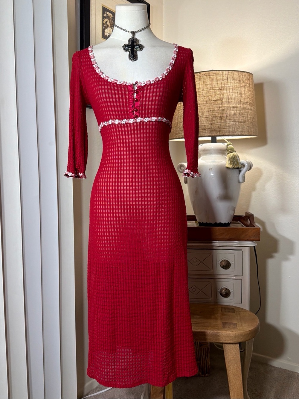 Betsey Johnson Red Scoop-Neck Midi Dress with Contrast Trim